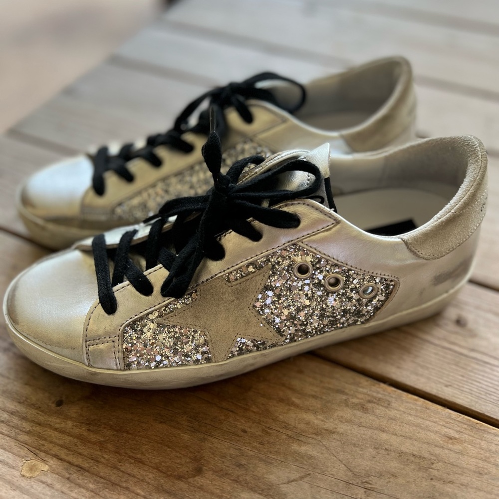 Golden Goose “SuperStar” silver leather and silver Glitter distressed